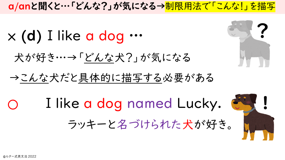 a/anと聞くと…「どんな？」が気になる→制限用法で「こんな！」を描写 (d) I like a dog … 犬が好き…→「どんな犬？」が気になる →こんな犬だと具体的に描写する必要があるので×。 I like a dog named Lucky. ラッキーと名づけられた犬が好き。にすれば○。