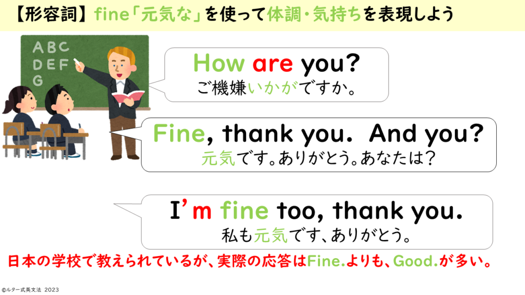 日本の学校で教えられているが、実際の応答はFine.よりも、Good.が多い。
