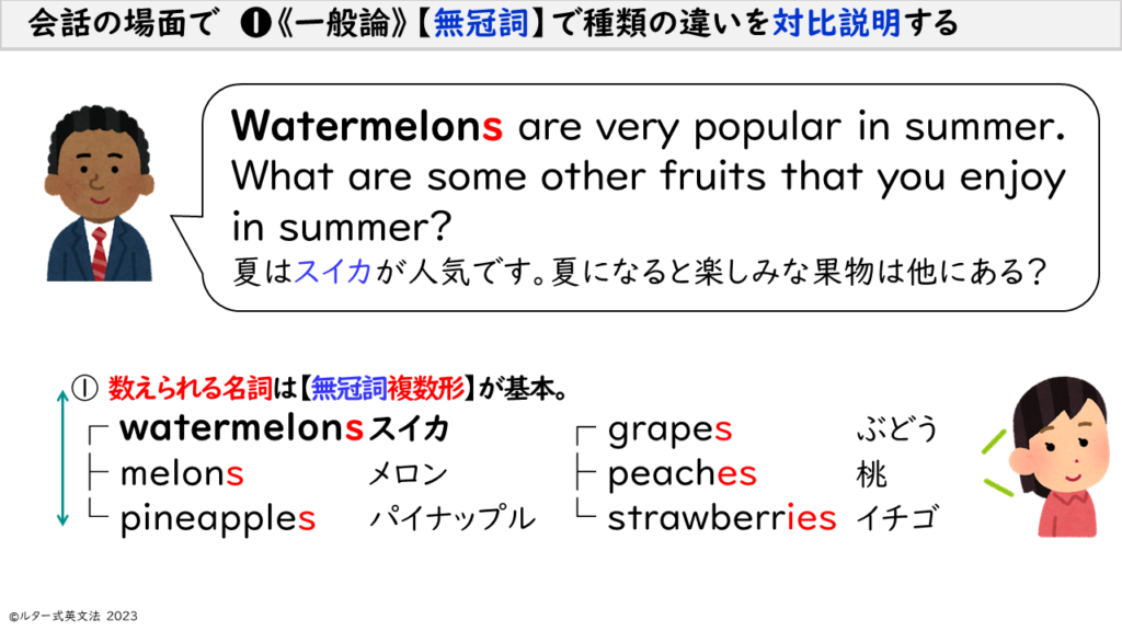 Watermelons are very popular in summer. What are some other fruits that you enjoy in summer?夏はスイカが人気です。夏になると楽しみな果物は他にある？
