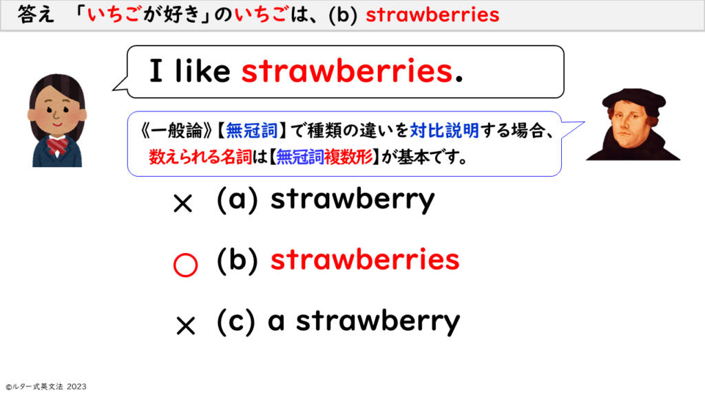 　答え　 「いちごが好き」のいちごは、 (b) strawberries
