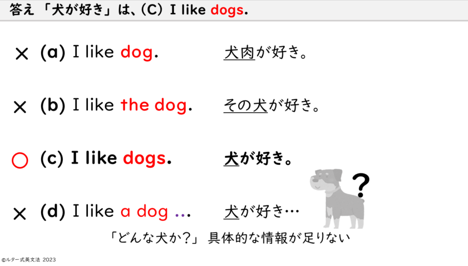 Answer 　(c) I like dogs.
