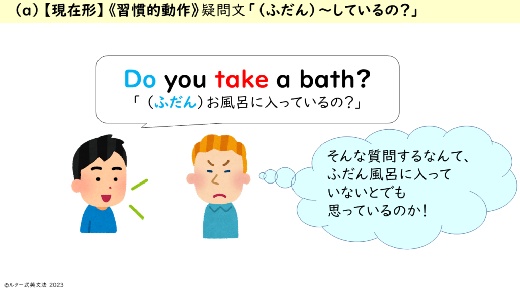 （a）【現在形】《習慣的動作》 話し手が「 （ふだん）お風呂に入っているの？」と言うと、 聞き手は「そんな質問するなんて、ふだん風呂に入っていないとでも思っているのか！」と思う。 (a)【present simple】 《habitual action》 The speaker says, "Do you (usually) take a bath?" The listener thinks, "You think I don't usually take a bath, asking me a question like that?"