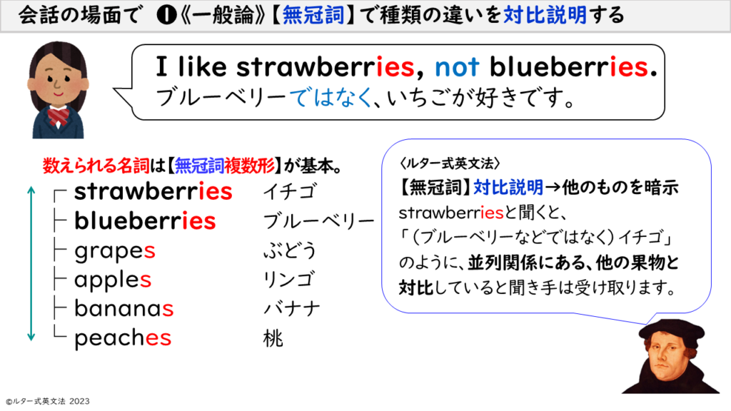 〈ルター式英文法〉【無冠詞】対比説明→他のものを暗示　strawberriesと聞くと、
「（ブルーベリーなどではなく）イチゴ」
のように、並列関係にある、他の果物と対比していると聞き手は受け取ります。
