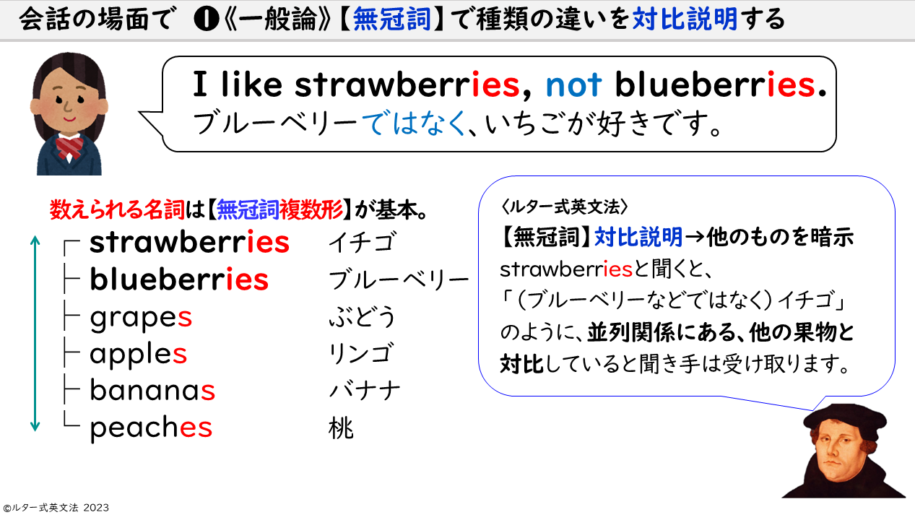 〈ルター式英文法〉【無冠詞】対比説明→他のものを暗示　strawberriesと聞くと、 「（ブルーベリーなどではなく）イチゴ」 のように、並列関係にある、他の果物と対比していると聞き手は受け取ります。
